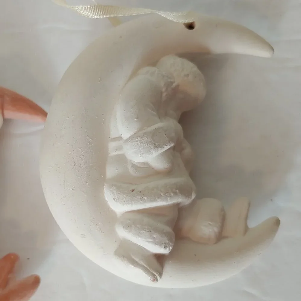 Ceramic Clay Half‎ Moon Sleeping Santa Christmas Tree Holiday Ornaments Vintage